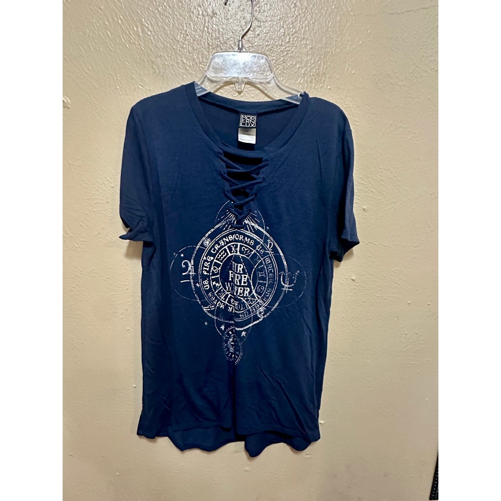 Modern Lux Womens T Shirt Top Lace Up V Neck Graphic Print Size M